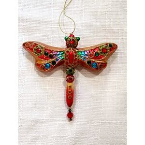 Jeweled Glass Dragonfly Christmas Ornament Rhinestone Mosaic Gold Iridescent